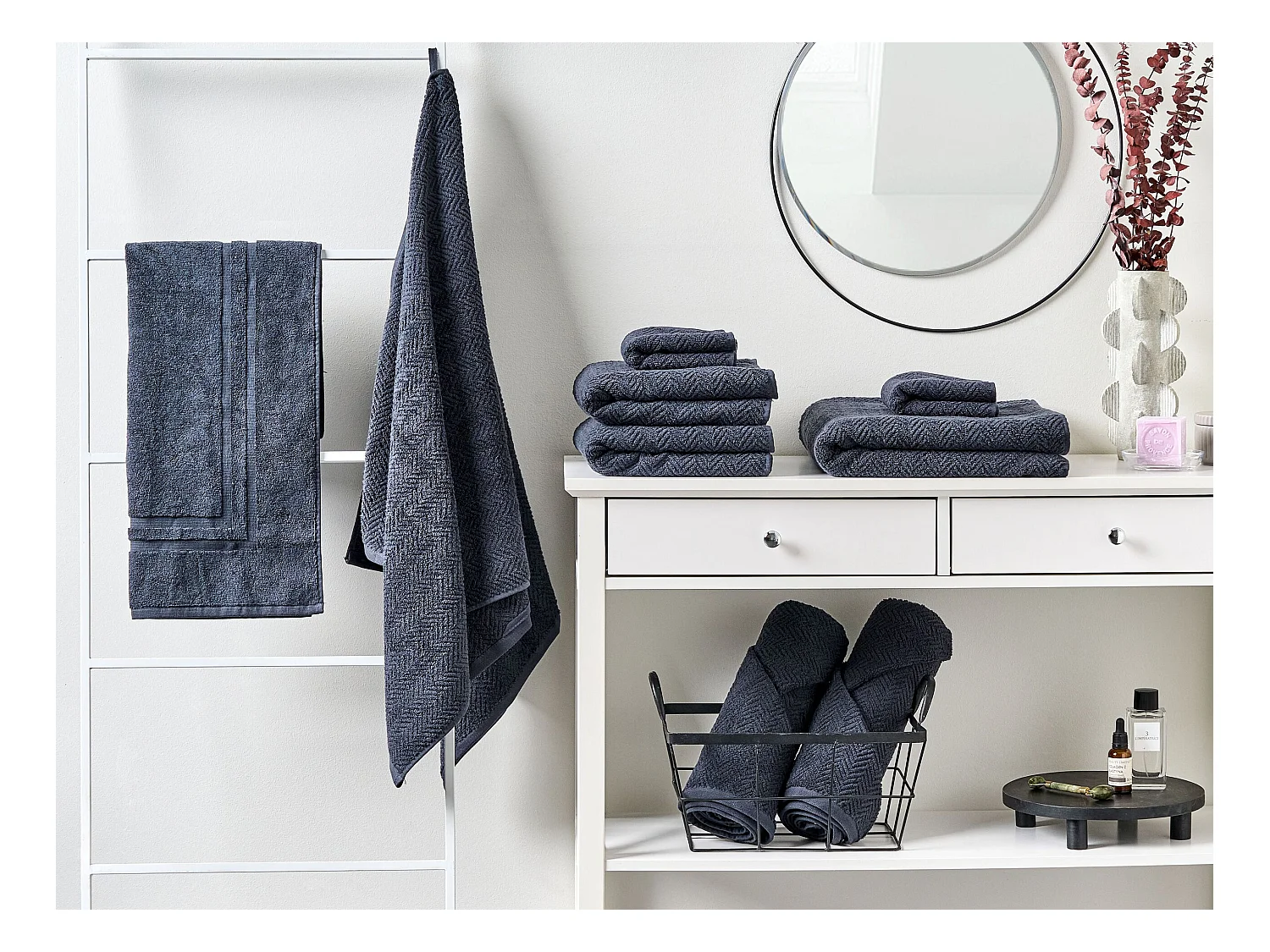 Luxus Handtuch Set mit Badematte Frottee Baumwolle blau 9-teilig Modern Mitiaro