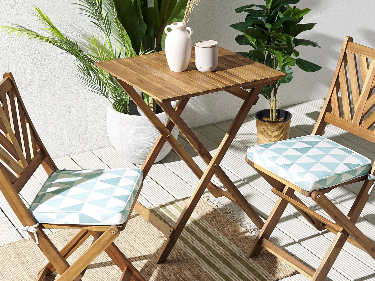 Outdoor Sitzkissen 2er Set geometisches Muster blau / weiß für Gartenstuhl Terni