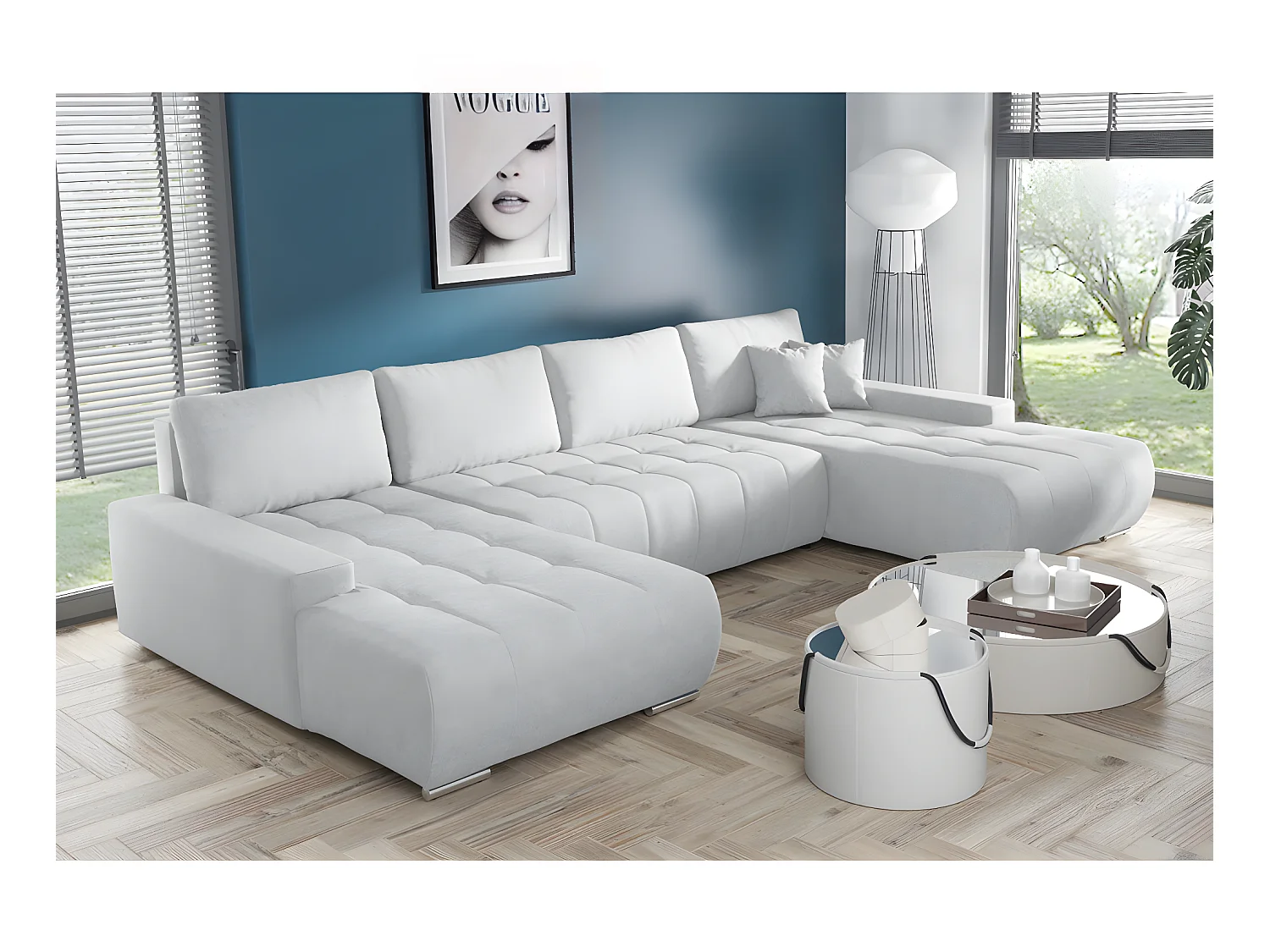 Canapé U 5 places convertible coffre Jonas Gris clair