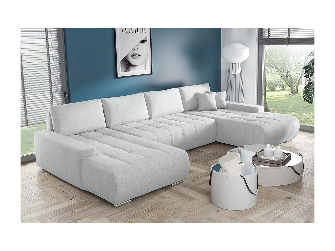 Canapé U 5 places convertible coffre Jonas Gris clair