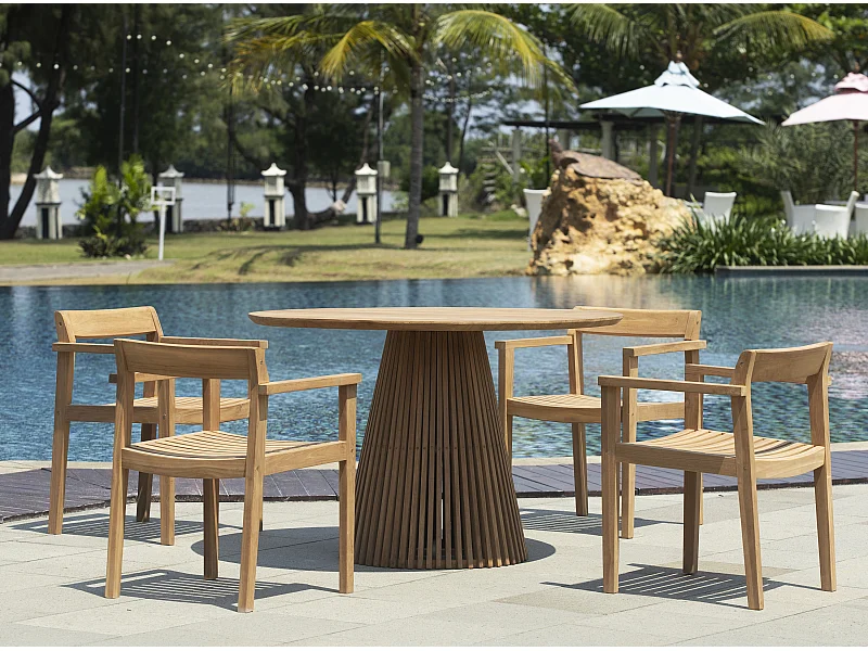 Conjunto de jantar de jardim em teca, 1 mesa + 4 cadeirões, natural claro - TRIANI