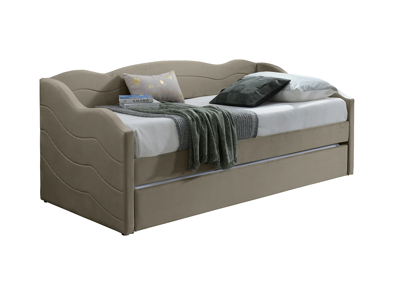 Wysuwane łóżko 2 × 90 × 190 cm – welurowe – kolor beżowy z materacem – LENVIA
