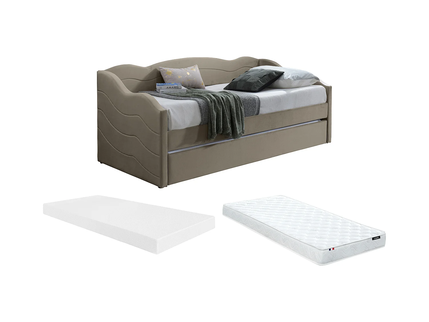 Wysuwane łóżko 2 × 90 × 190 cm – welurowe – kolor beżowy z materacem – LENVIA