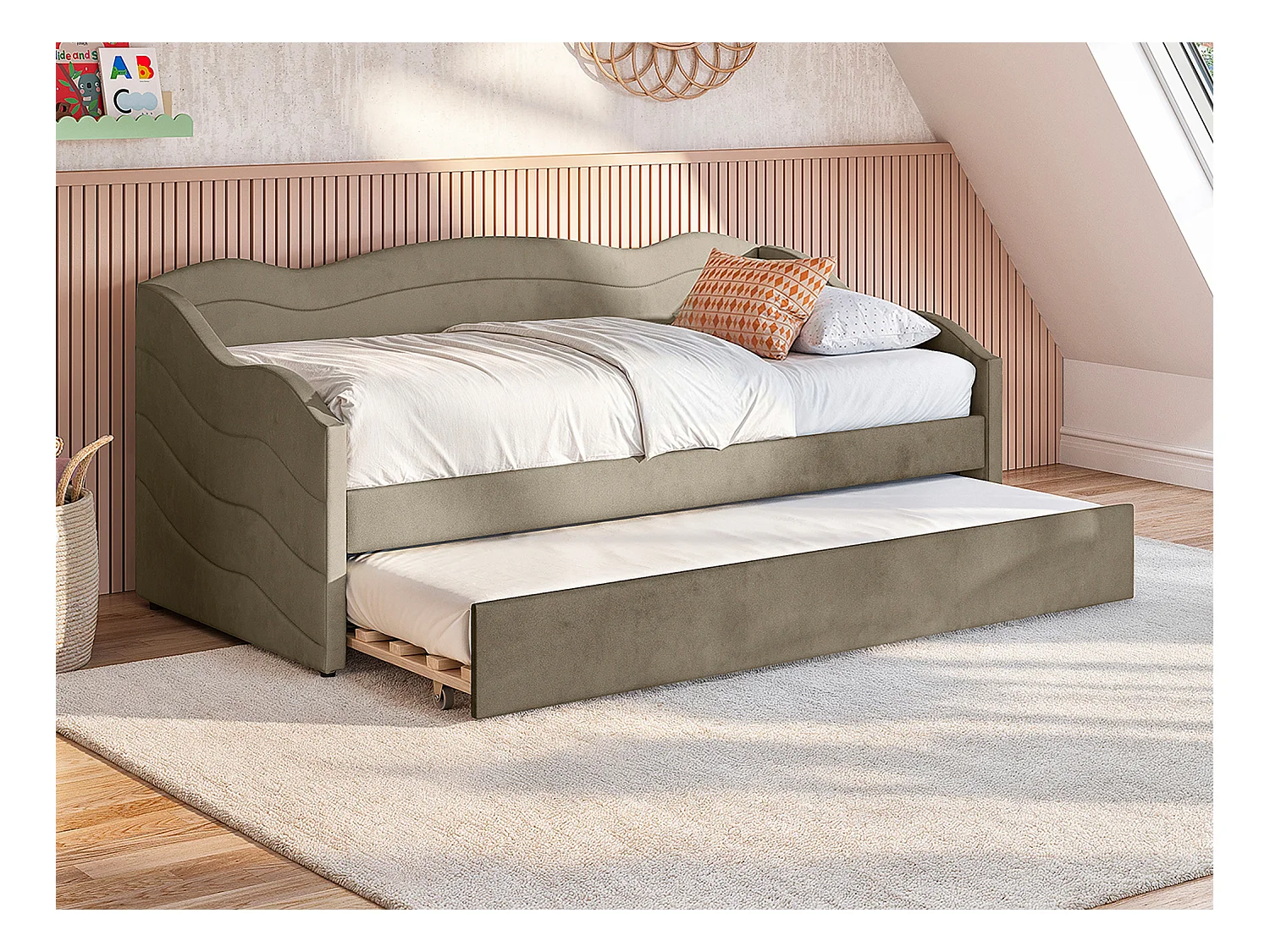 Ausziehbett mit Matratze 2 x 90 x 190 cm - Samt - Beige - LENVIA