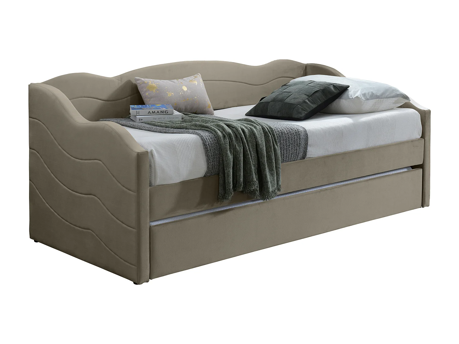 Lit banquette gigogne 2 x 90 x 190 cm - Velours - Taupe + Matelas - LENVIA