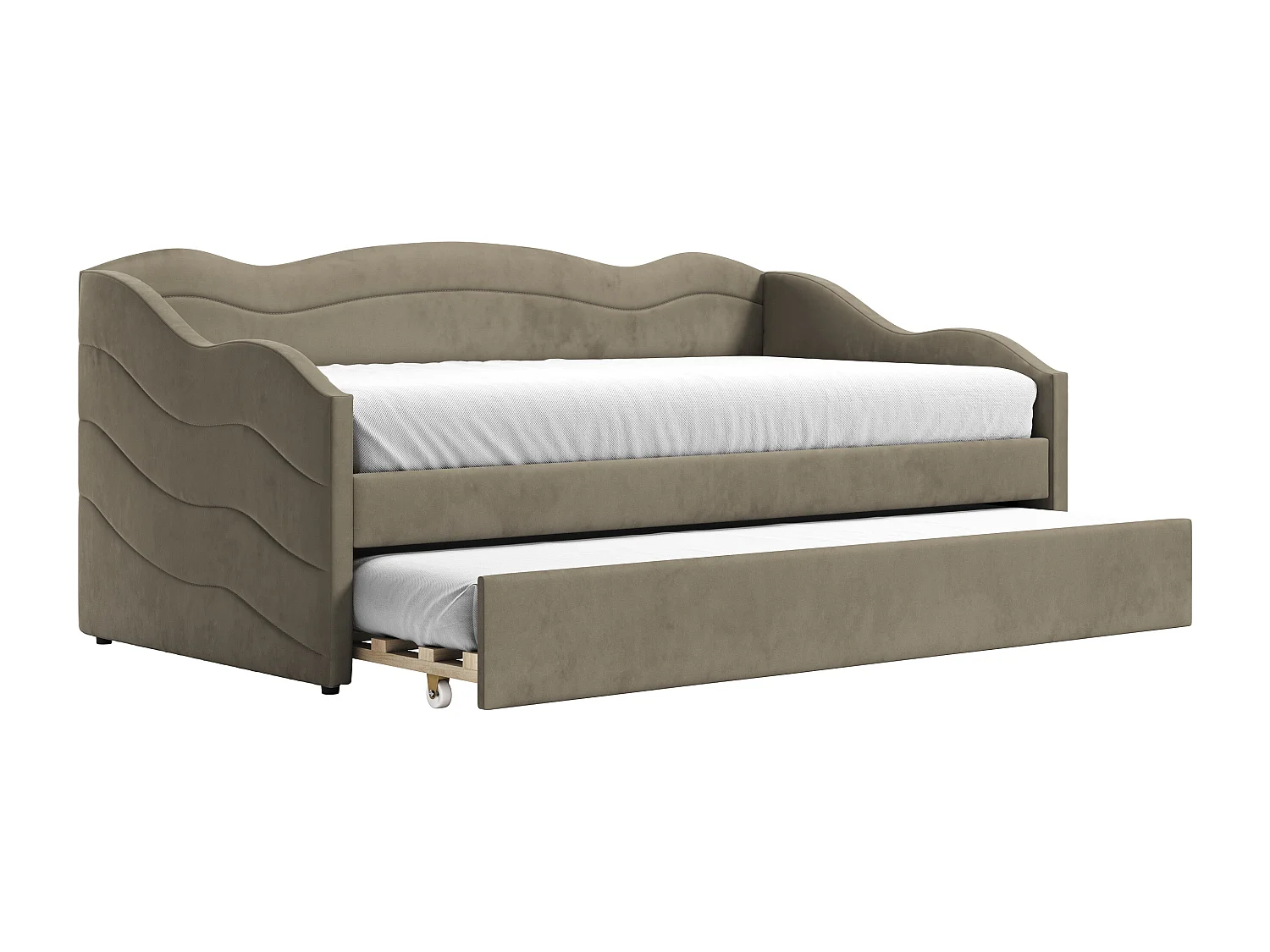 Lit banquette gigogne 2 x 90 x 190 cm - Velours - Taupe + Matelas - LENVIA