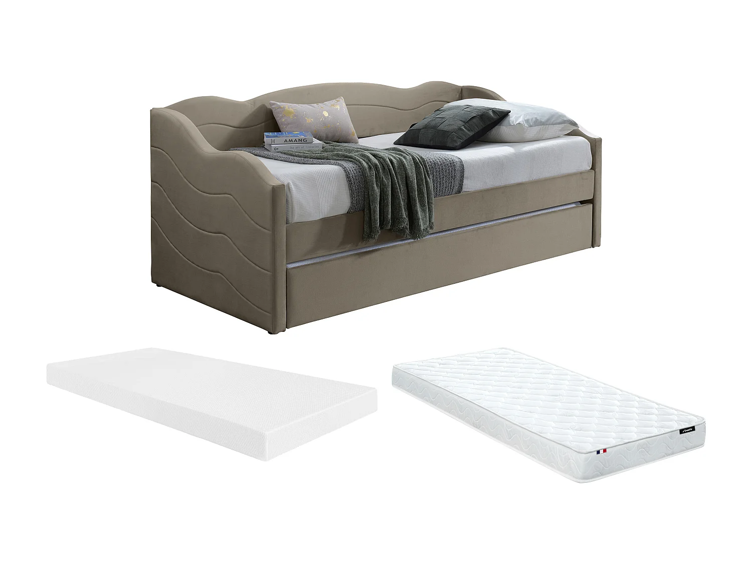 Lit banquette gigogne 2 x 90 x 190 cm - Velours - Taupe + Matelas - LENVIA