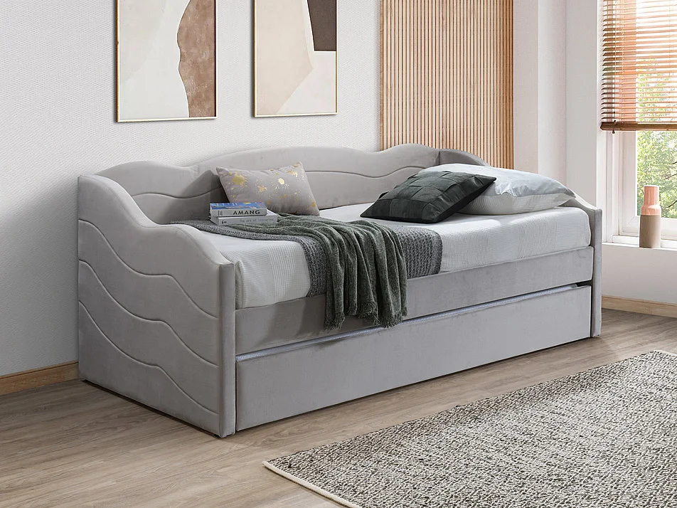 Sofá cama nido 2 x 90 x 190 - Terciopelo - Beige + colchón - LENVIA