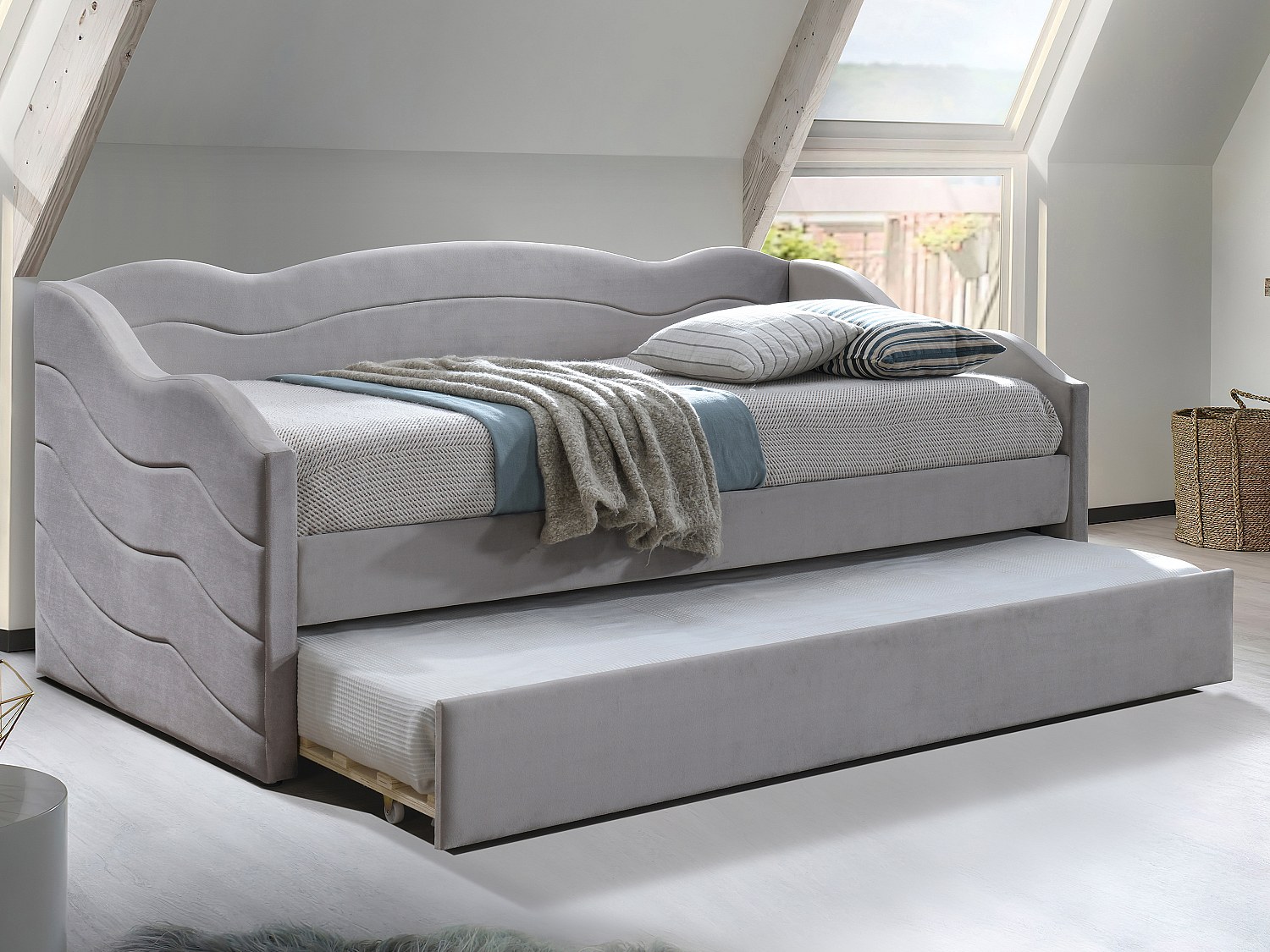 2 x 90 x 190 cm dagbädd med utdragbar säng - Sammet - Taupe + Madrass - LENVIA