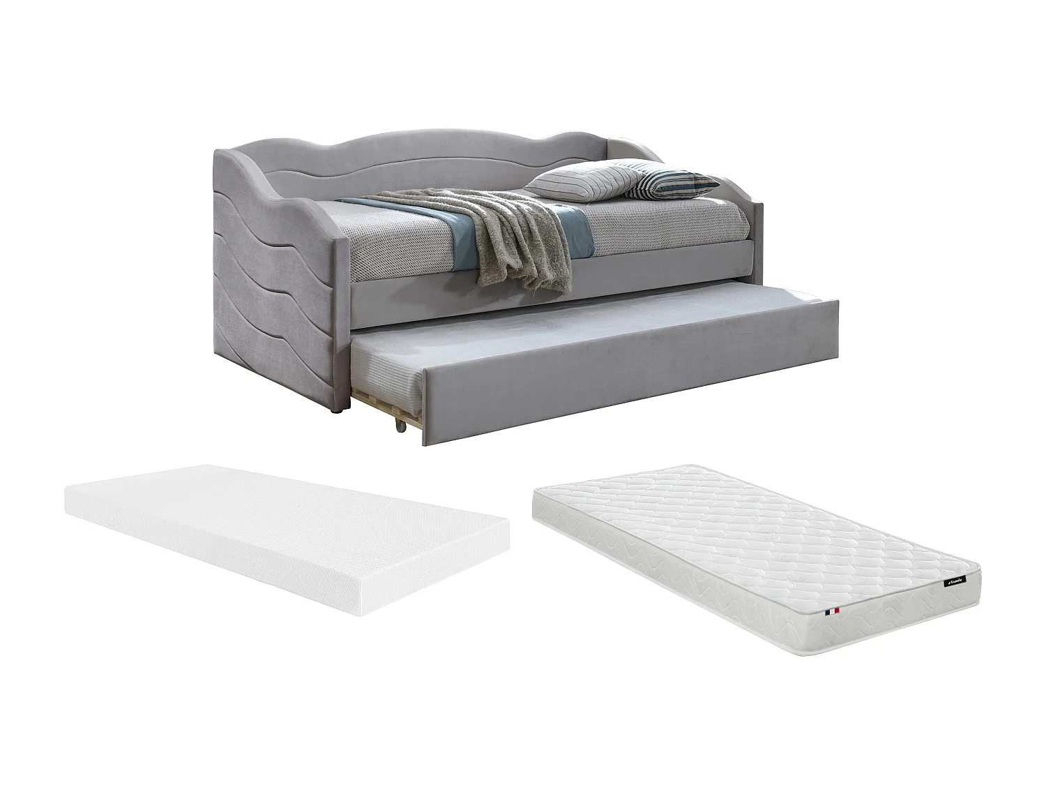 Sofá cama nido 2 x 90 x 190 - Terciopelo - Beige + colchón - LENVIA