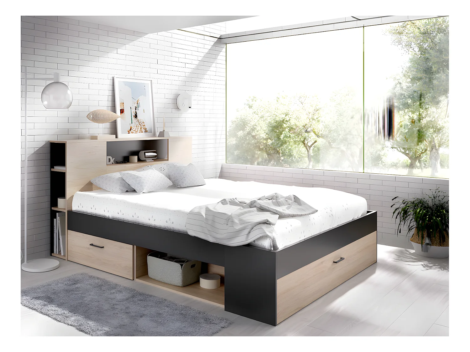 Lit avec tête de lit rangements et tiroirs - 160 x 200 cm - Coloris : Naturel et anthracite + Chevets - LEANDRE