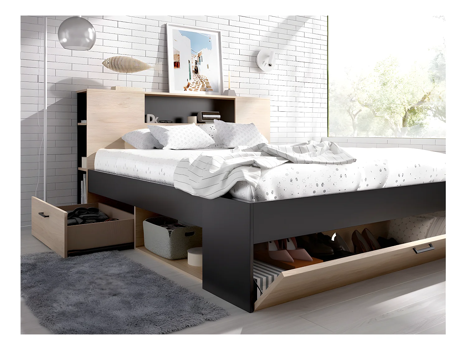 Lit avec tête de lit rangements et tiroirs - 160 x 200 cm - Coloris : Naturel et anthracite + Chevets - LEANDRE