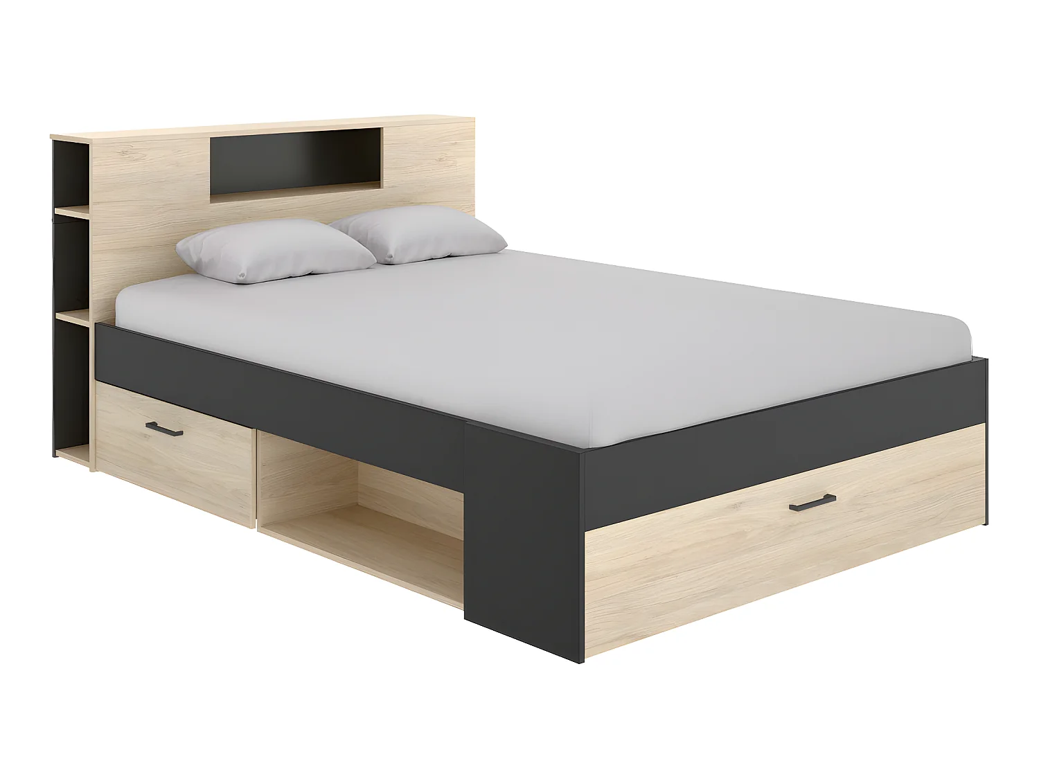 Lit avec tête de lit rangements et tiroirs - 160 x 200 cm - Coloris : Naturel et anthracite + Chevets - LEANDRE