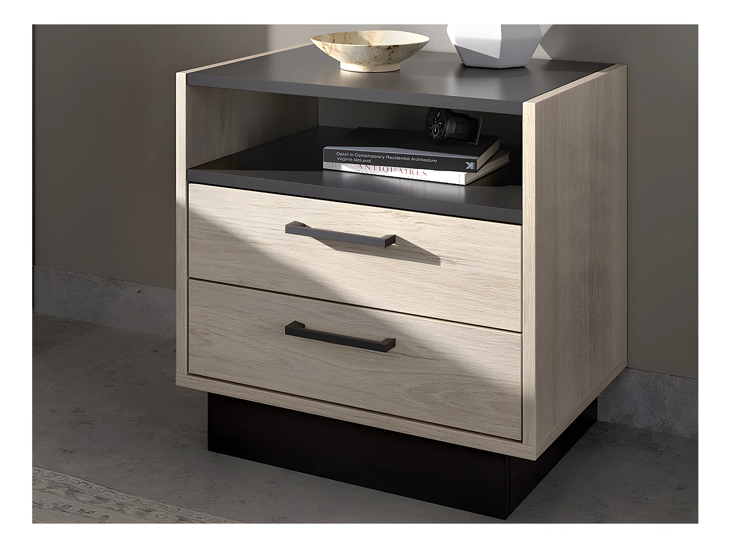 Lit avec tête de lit rangements et tiroirs - 160 x 200 cm - Coloris : Naturel et anthracite + Chevets - LEANDRE