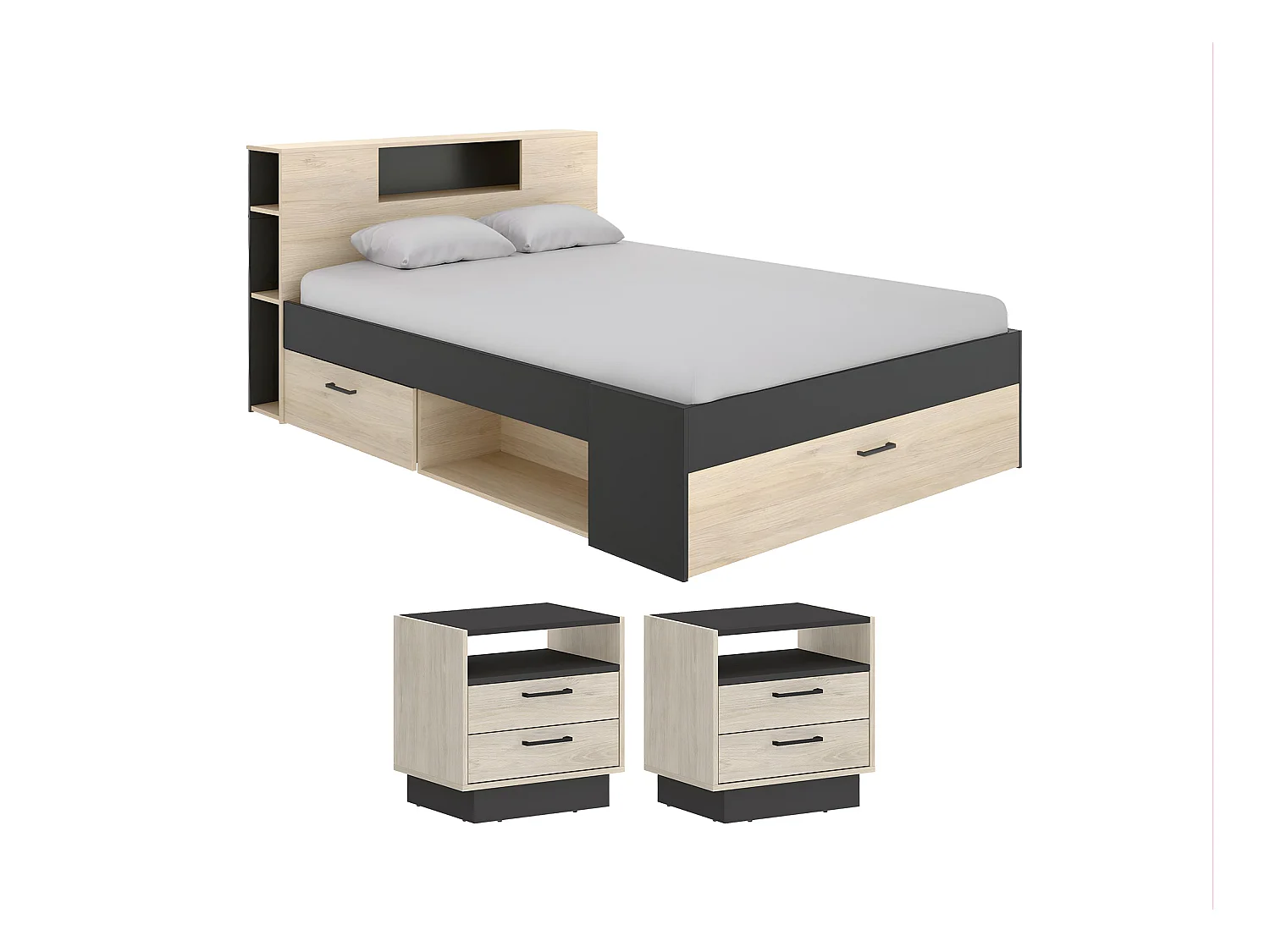 Lit avec tête de lit rangements et tiroirs - 160 x 200 cm - Coloris : Naturel et anthracite + Chevets - LEANDRE