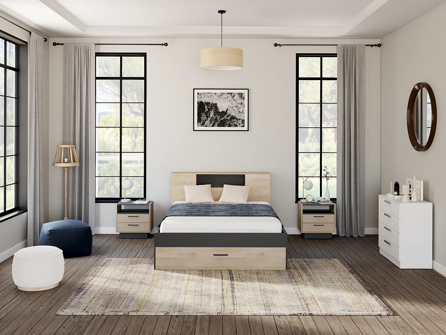 Lit avec tête de lit rangements et tiroirs - 160 x 200 cm - Coloris : Naturel et anthracite + Chevets - LEANDRE