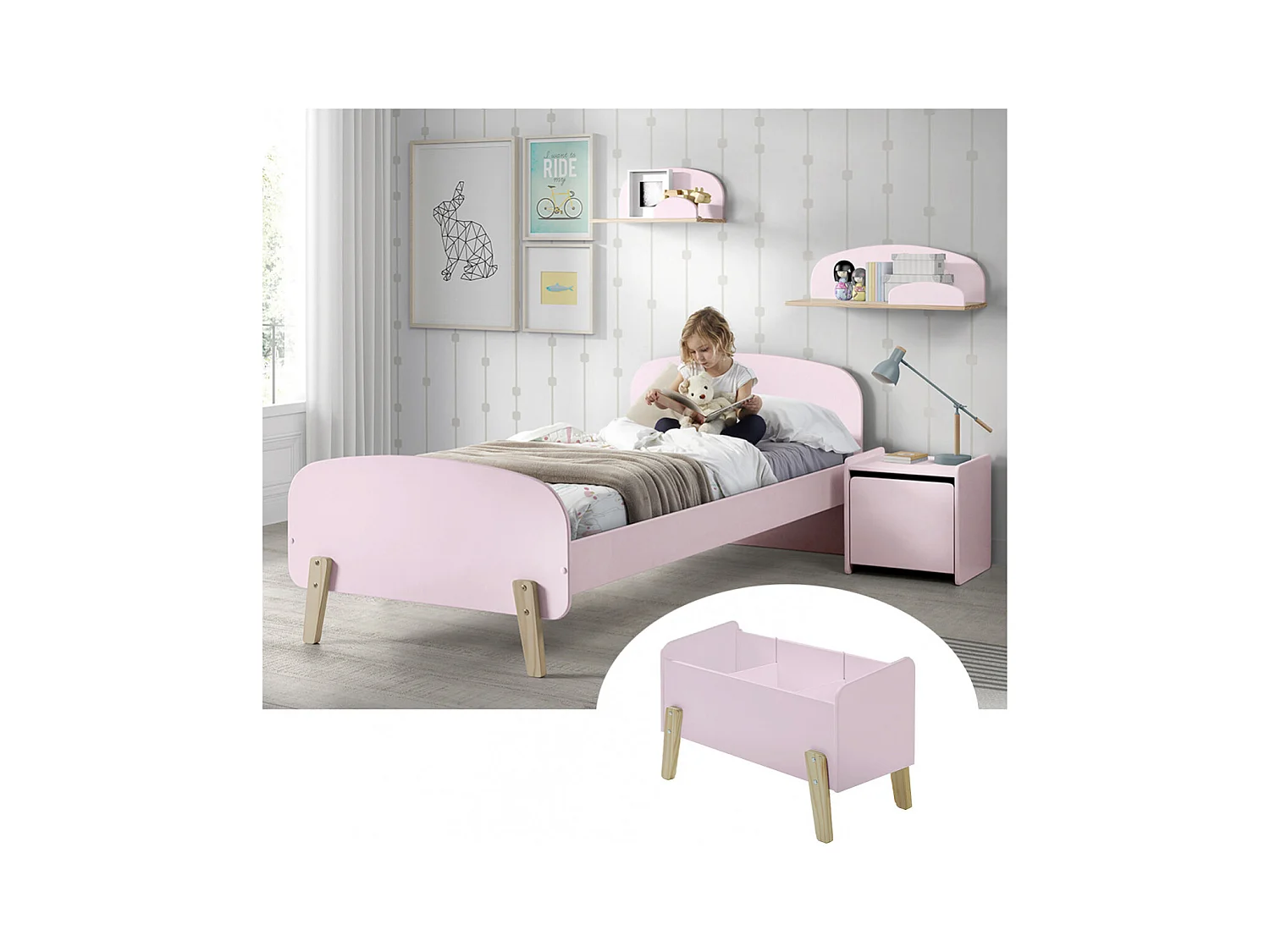 BODHI PINK - Lit 90x200cm + Chevet + Coffre + Etagères