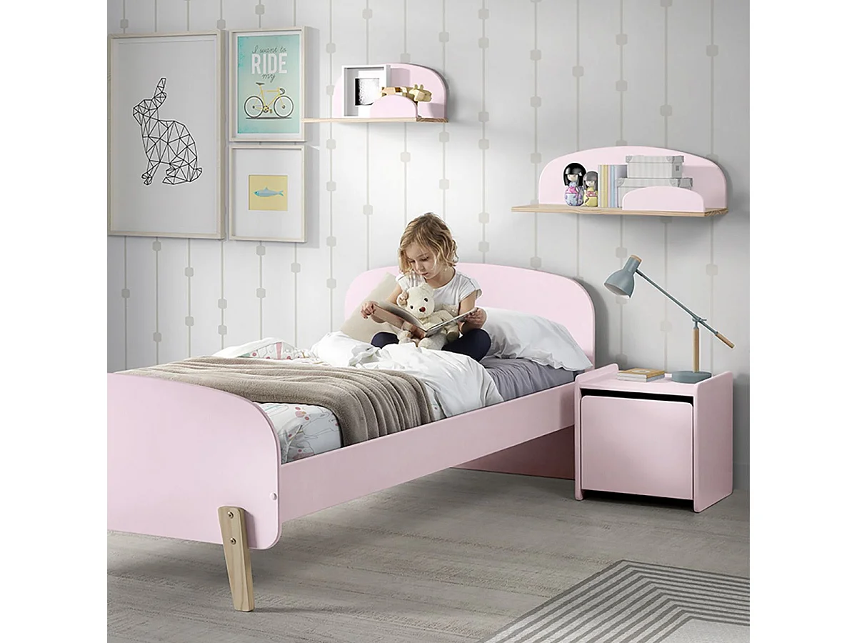 BODHI PINK - Lit 90x200cm + Chevet + Coffre + Etagères