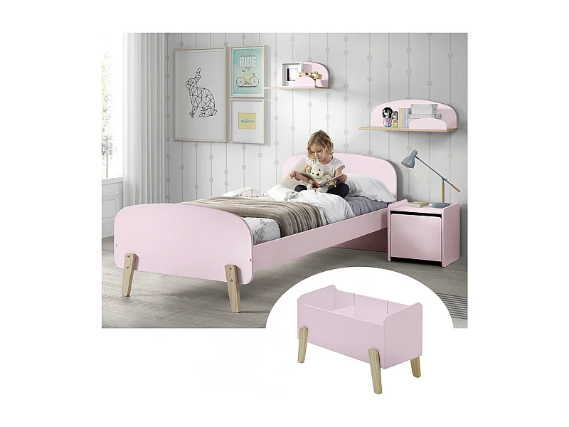 BODHI PINK - Lit 90x200cm + Chevet + Coffre + Etagères