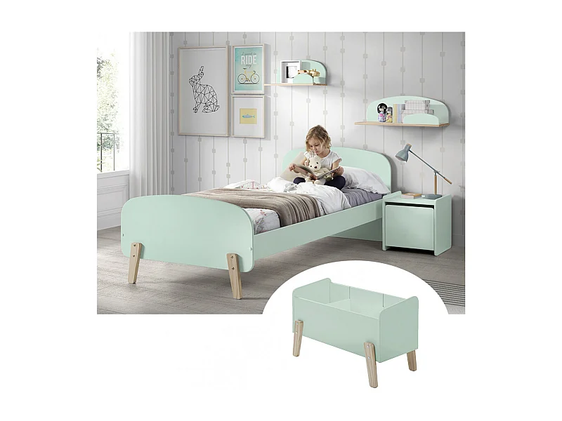 BODHI MINT - Lit 90x200cm + Chevet + Coffre + Etagères