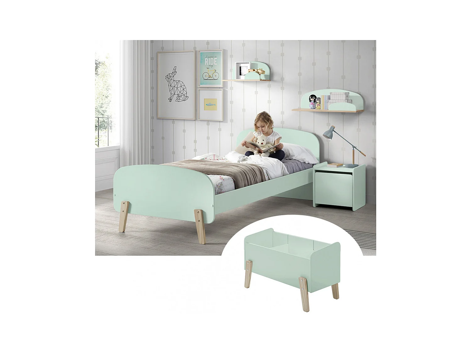 BODHI MINT - Lit 90x200cm + Chevet + Coffre + Etagères