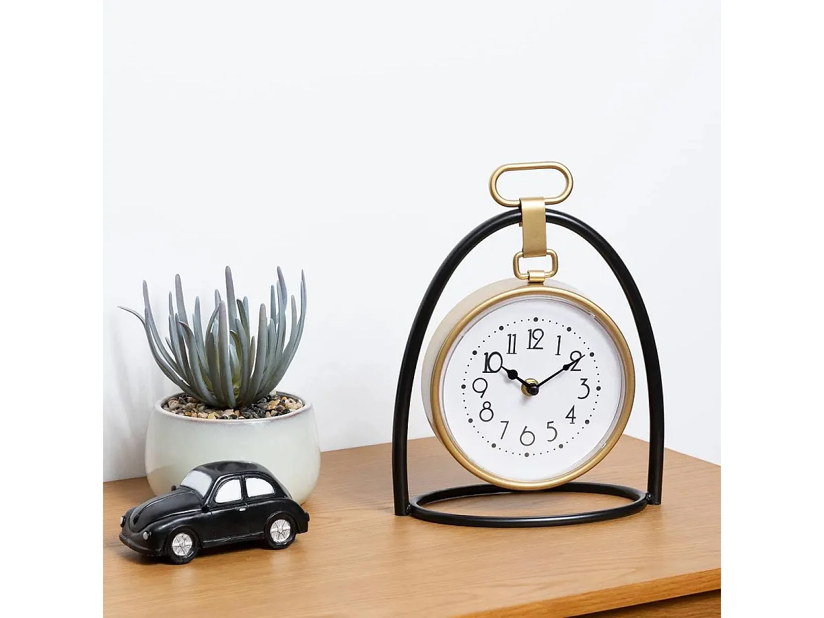 Horloge à poser en métal Noir et Doré 21 x 27 cm