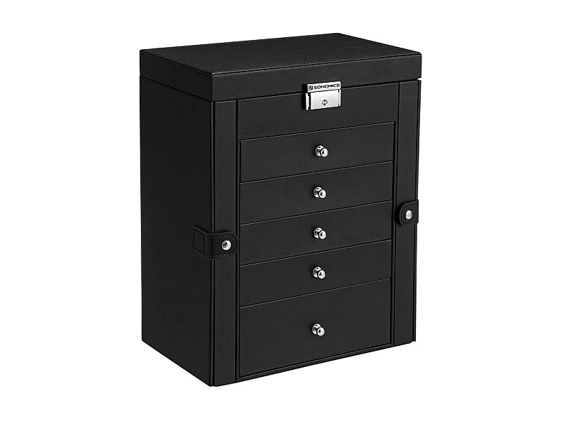 Porta joias baú grande 6 níveis com asas espelho gavetas e fecho para pulseiras brincos anéis colares ideia de presente 32 cm preto 12_0002126