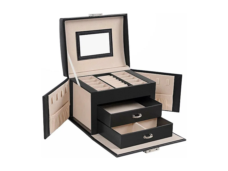 Joyero Joyero Joyero de viaje Organizador de joyas portátil con 2 cajones Cerradura de espejo y llaves con cerradura 17,5 x 13 5 x 12 cm Negro 12_0002111