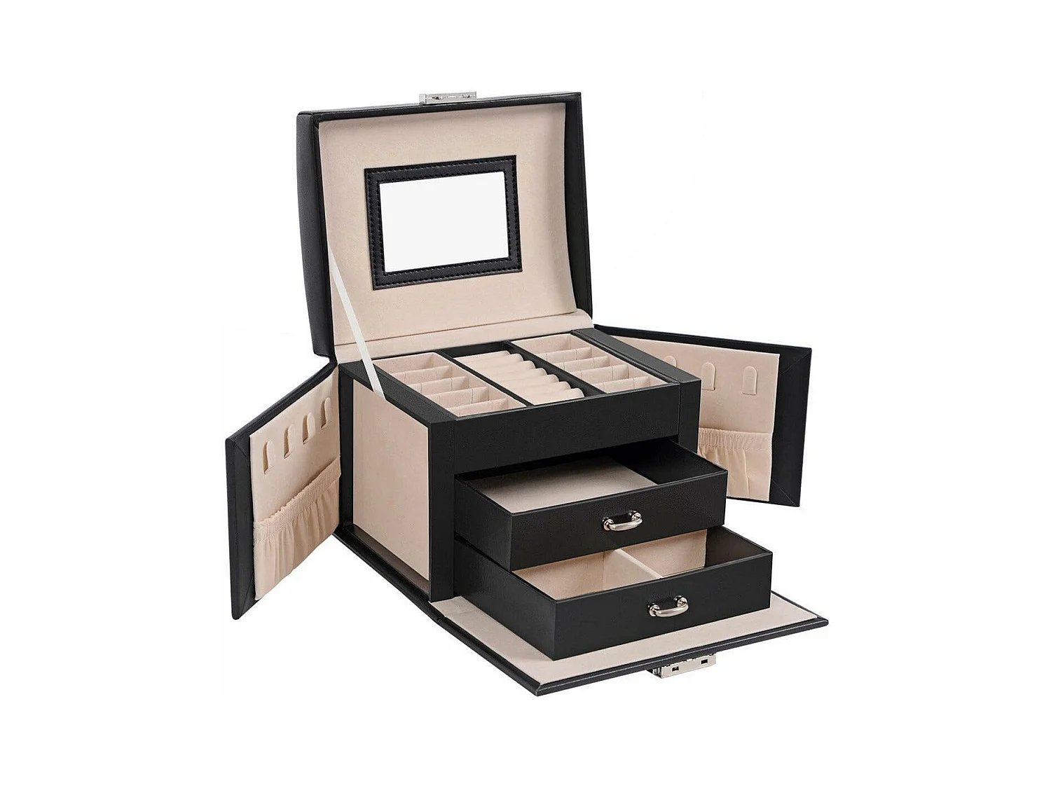 Joyero Joyero Joyero de viaje Organizador de joyas portátil con 2 cajones Cerradura de espejo y llaves con cerradura 17,5 x 13 5 x 12 cm Negro 12_0002111