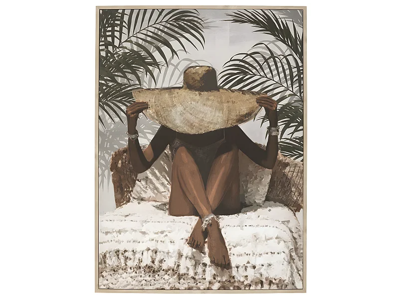 Tableau Toile murale imprimée et encadrée Femme à chapeau de paille 58 x 78 cm