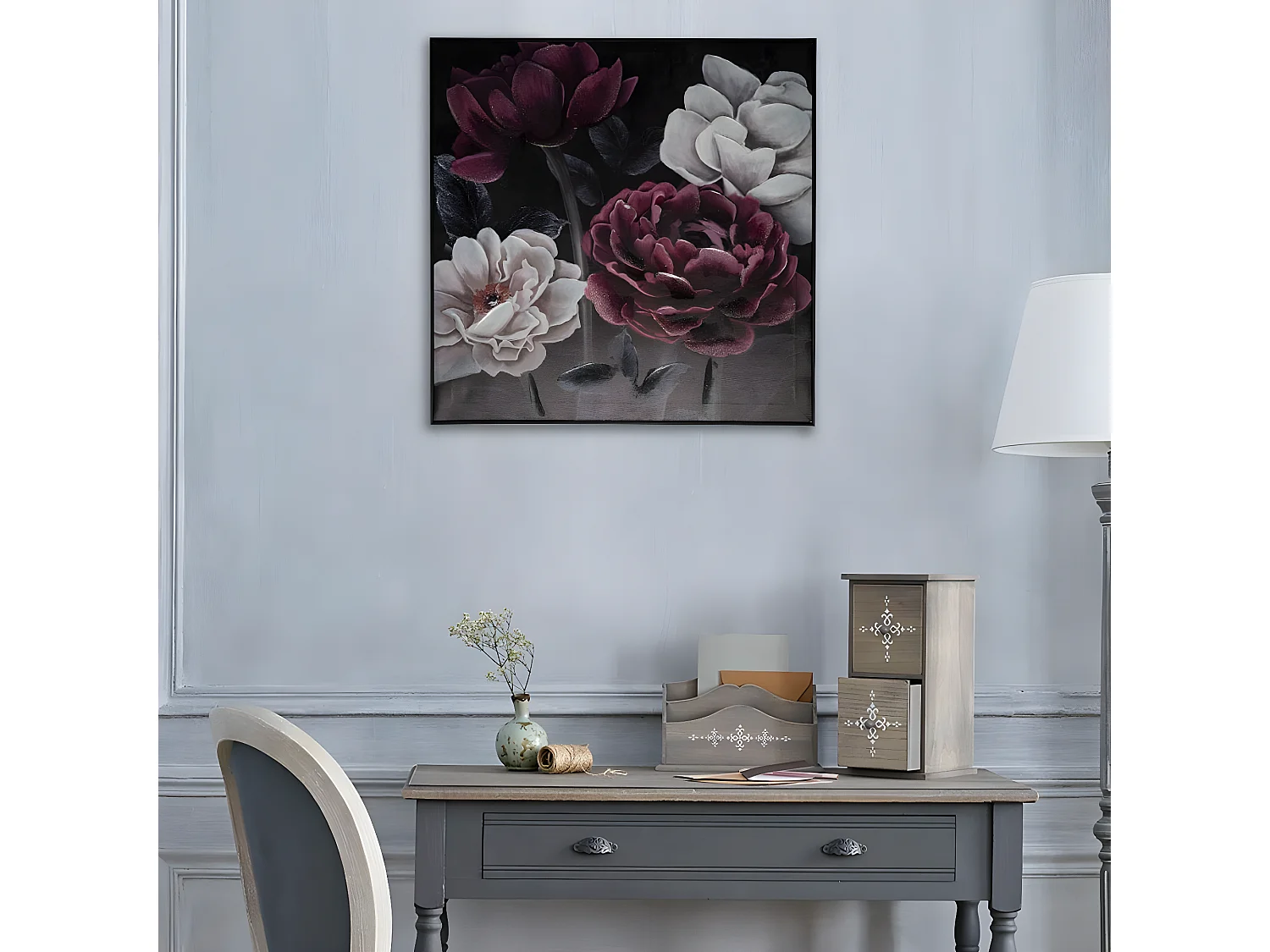 Tableau Toile murale encadrée peinte Fleurs 57 x 57 cm