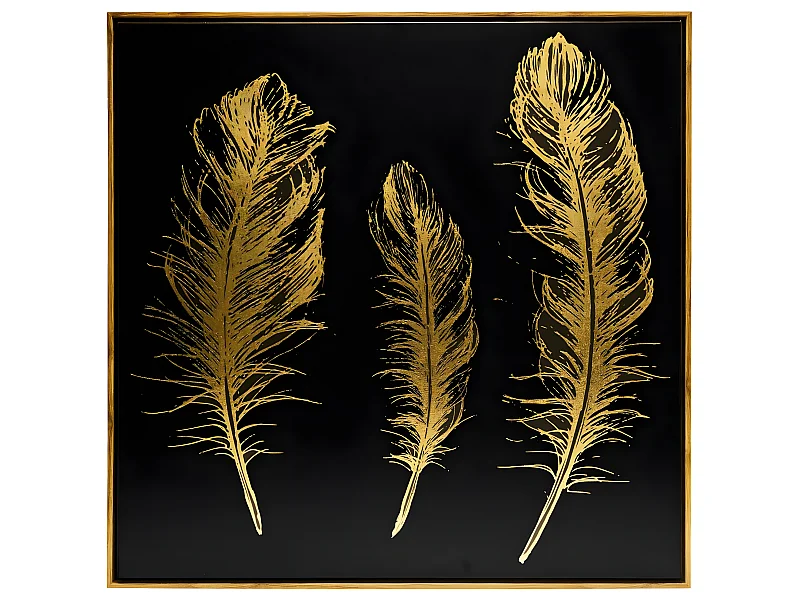 Toile peinte avec plumes dorées et cadre effet bois 78 x 78 cm