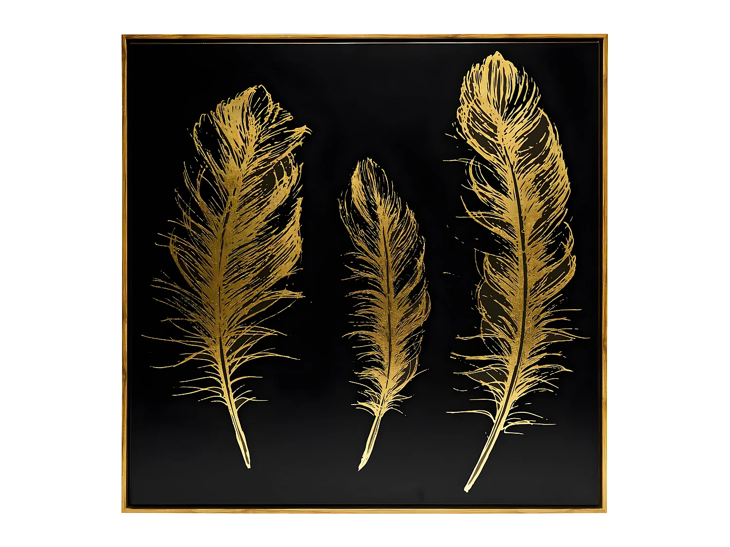 Toile peinte avec plumes dorées et cadre effet bois 78 x 78 cm