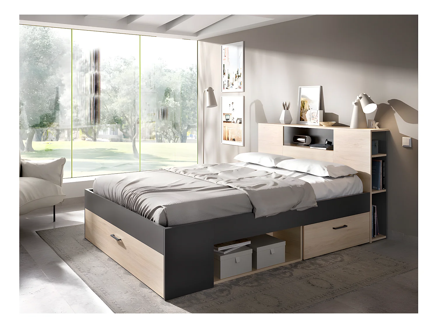 Bett mit Kopfteil, Stauraum & Schubladen + Nachttische - 140 x 190 cm - Holzfarben & Anthrazit - LEANDRE