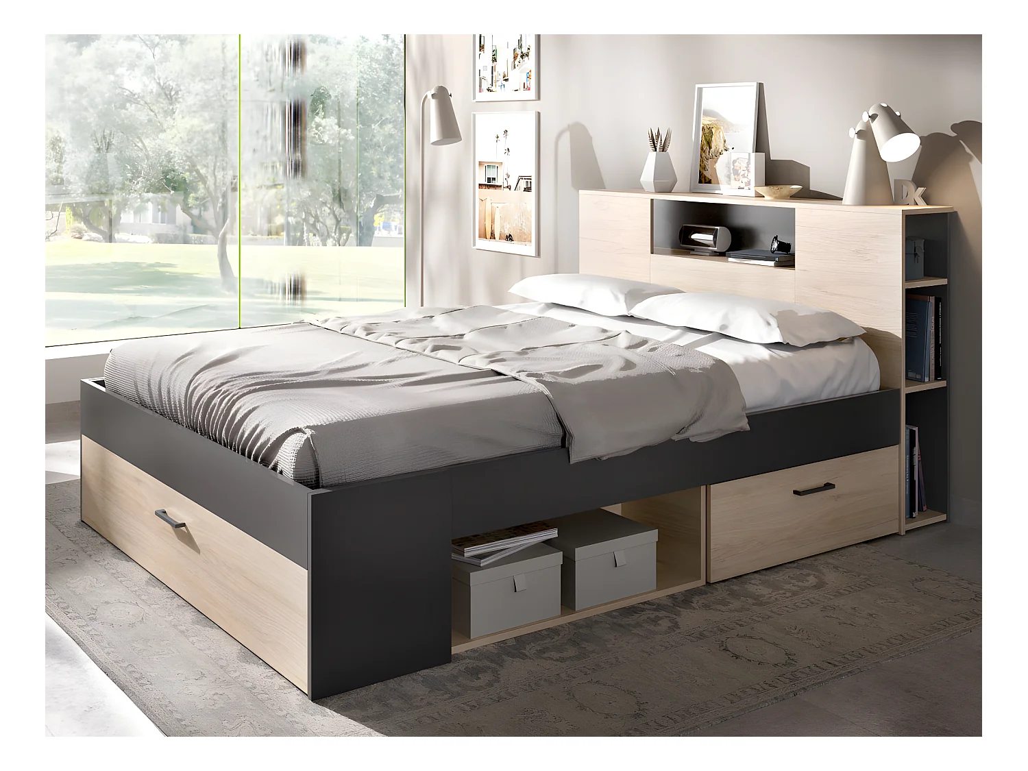 Bett mit Kopfteil, Stauraum & Schubladen + Nachttische - 140 x 190 cm - Holzfarben & Anthrazit - LEANDRE