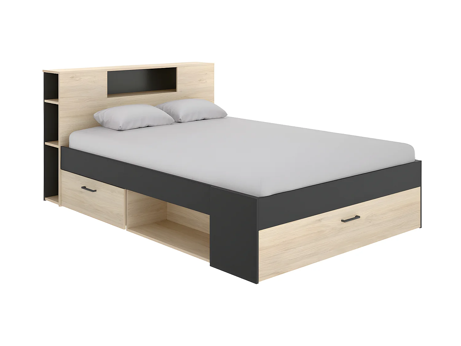 Bett mit Kopfteil, Stauraum & Schubladen + Nachttische - 140 x 190 cm - Holzfarben & Anthrazit - LEANDRE