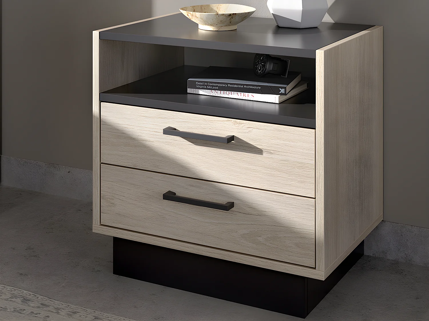 Bett mit Kopfteil, Stauraum & Schubladen + Nachttische - 140 x 190 cm - Holzfarben & Anthrazit - LEANDRE