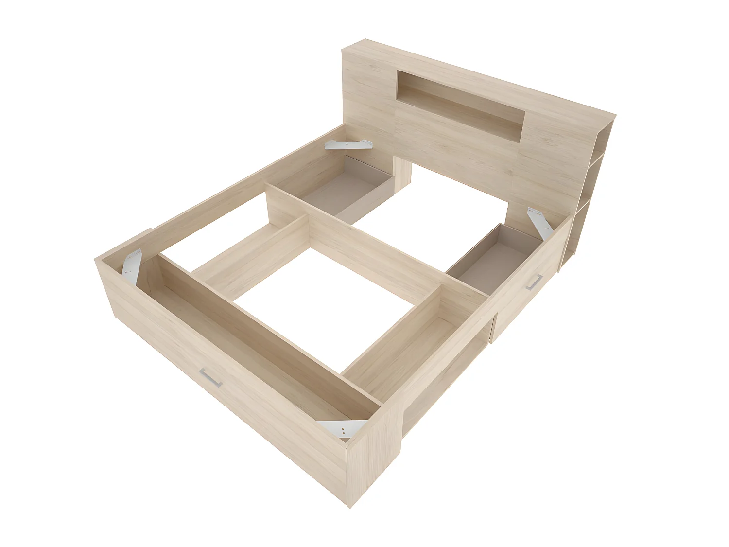 Lit avec tête de lit rangements et tiroirs - 140 x 190 cm - Coloris : Naturel et blanc + Chevets - LEANDRE