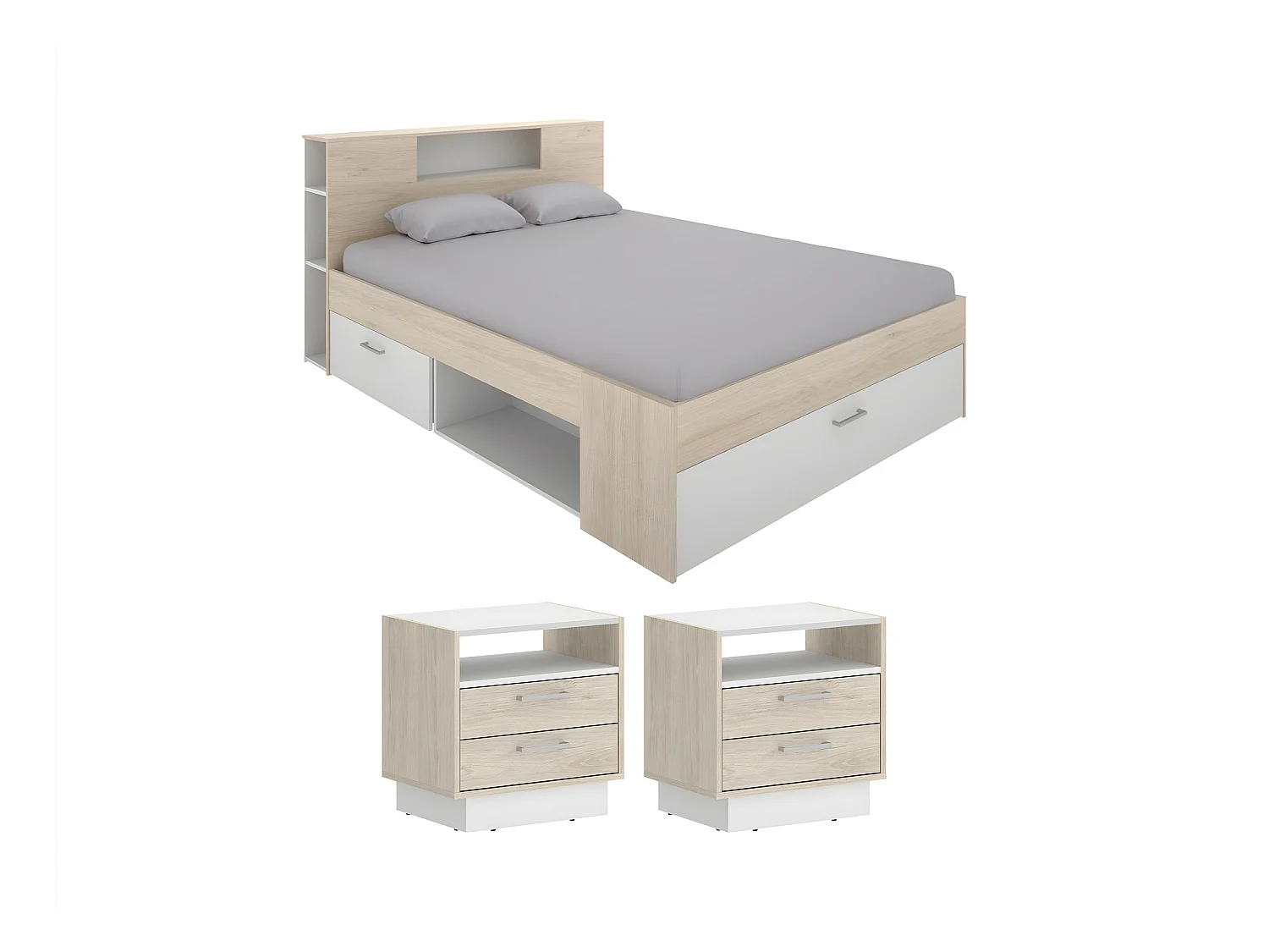 Lit avec tête de lit rangements et tiroirs - 140 x 190 cm - Coloris : Naturel et blanc + Chevets - LEANDRE