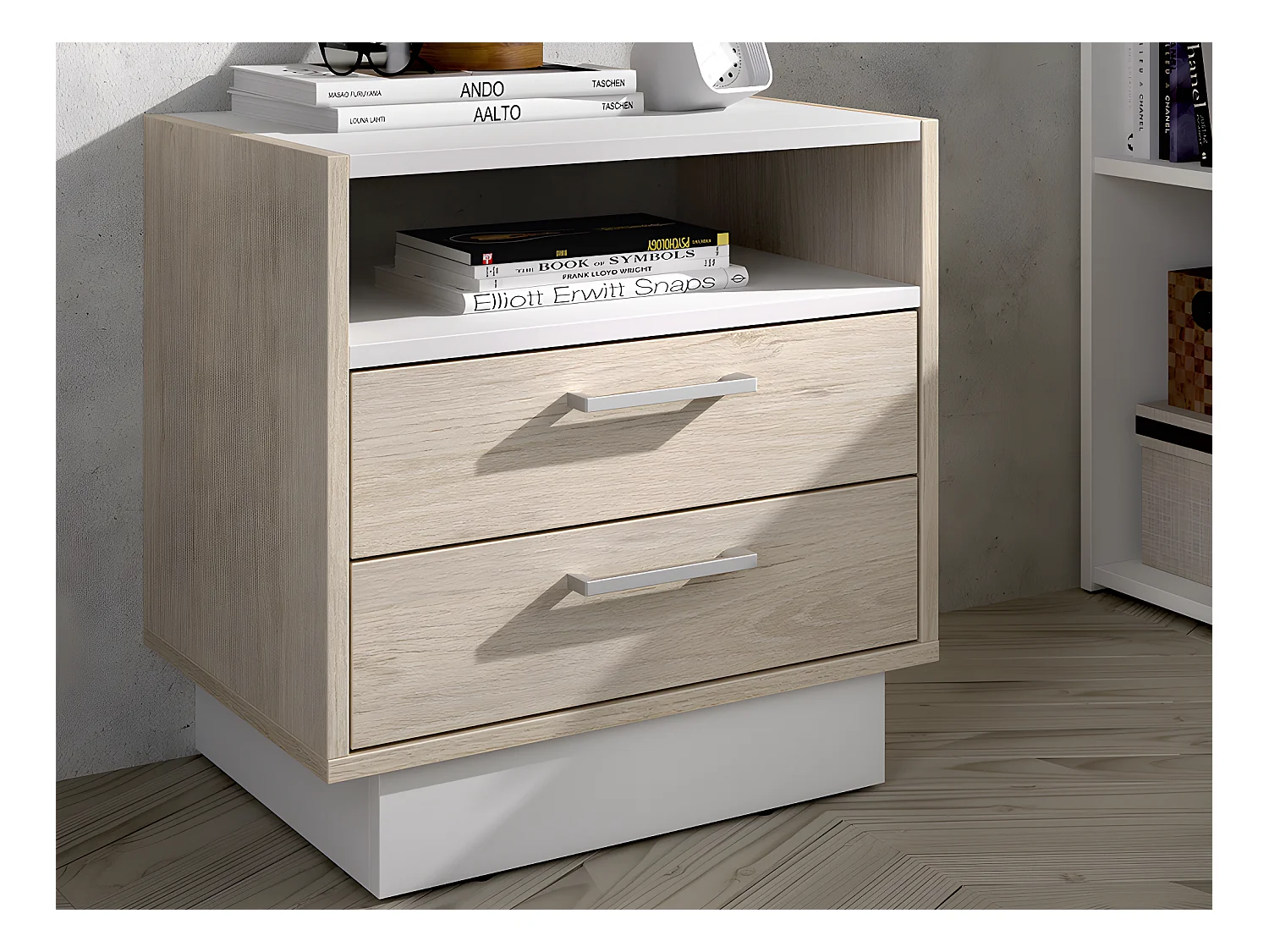 Letto con testata con vani portaoggetti e cassetti 140 x 190 cm Naturale e Bianco + Comodini - LEANDRE
