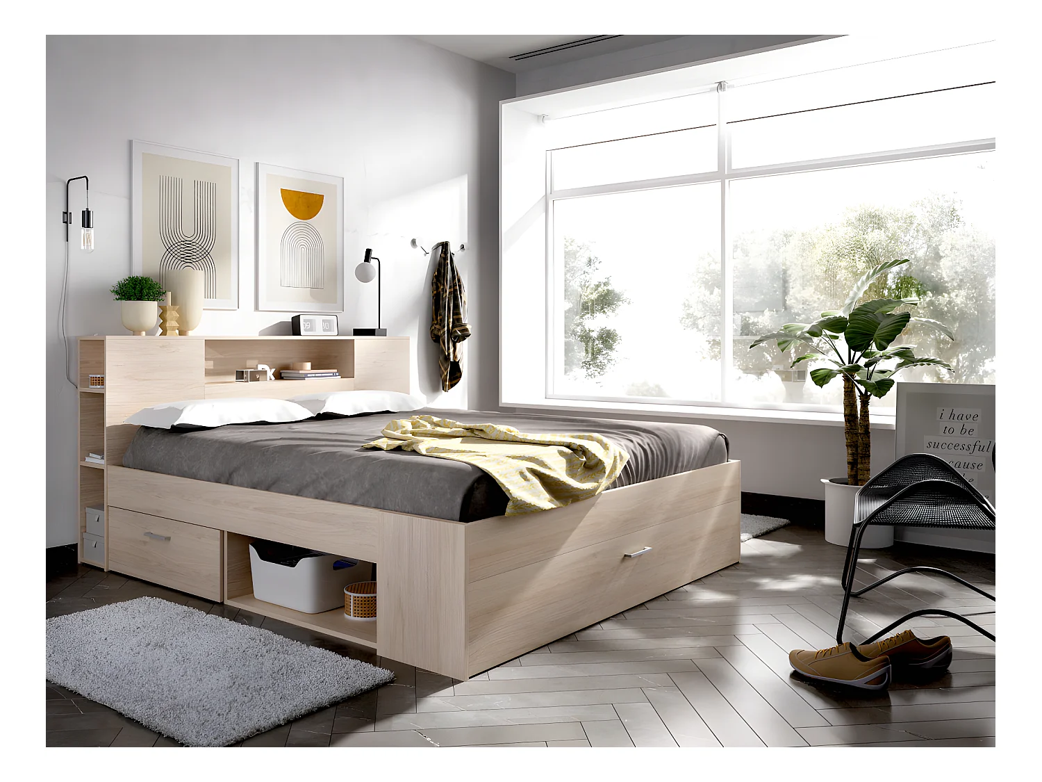 Letto con testata con vani portaoggetti e cassetti 140 x 190 cm Naturale e Bianco + Comodini - LEANDRE