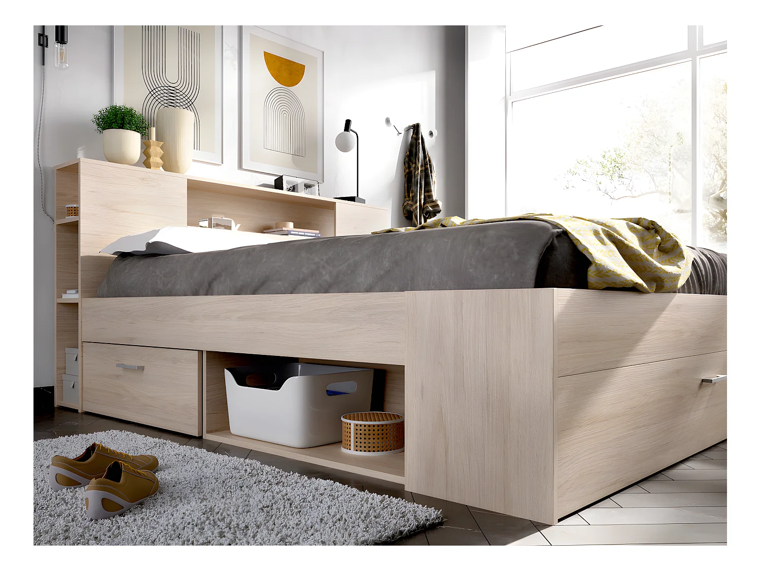 Letto con testata con vani portaoggetti e cassetti 140 x 190 cm Naturale e Bianco + Comodini - LEANDRE