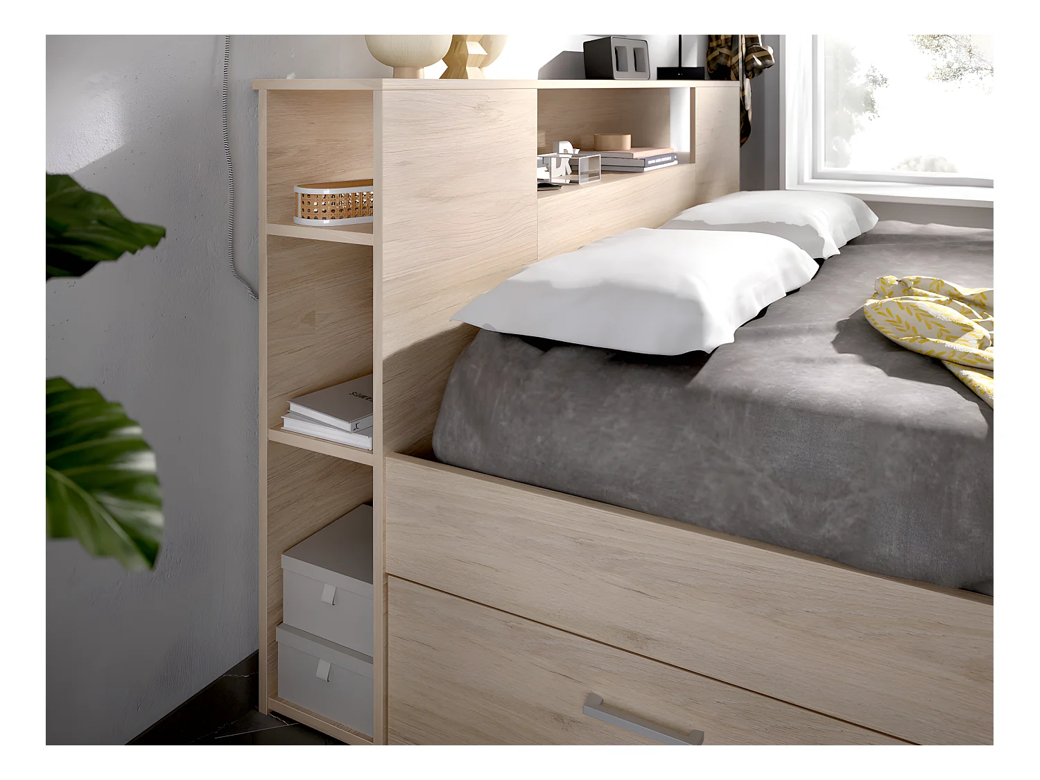 Letto con testata con vani portaoggetti e cassetti 140 x 190 cm Naturale e Bianco + Comodini - LEANDRE