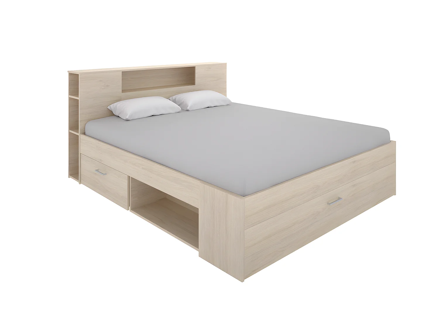 Letto con testata con vani portaoggetti e cassetti 140 x 190 cm Naturale e Bianco + Comodini - LEANDRE