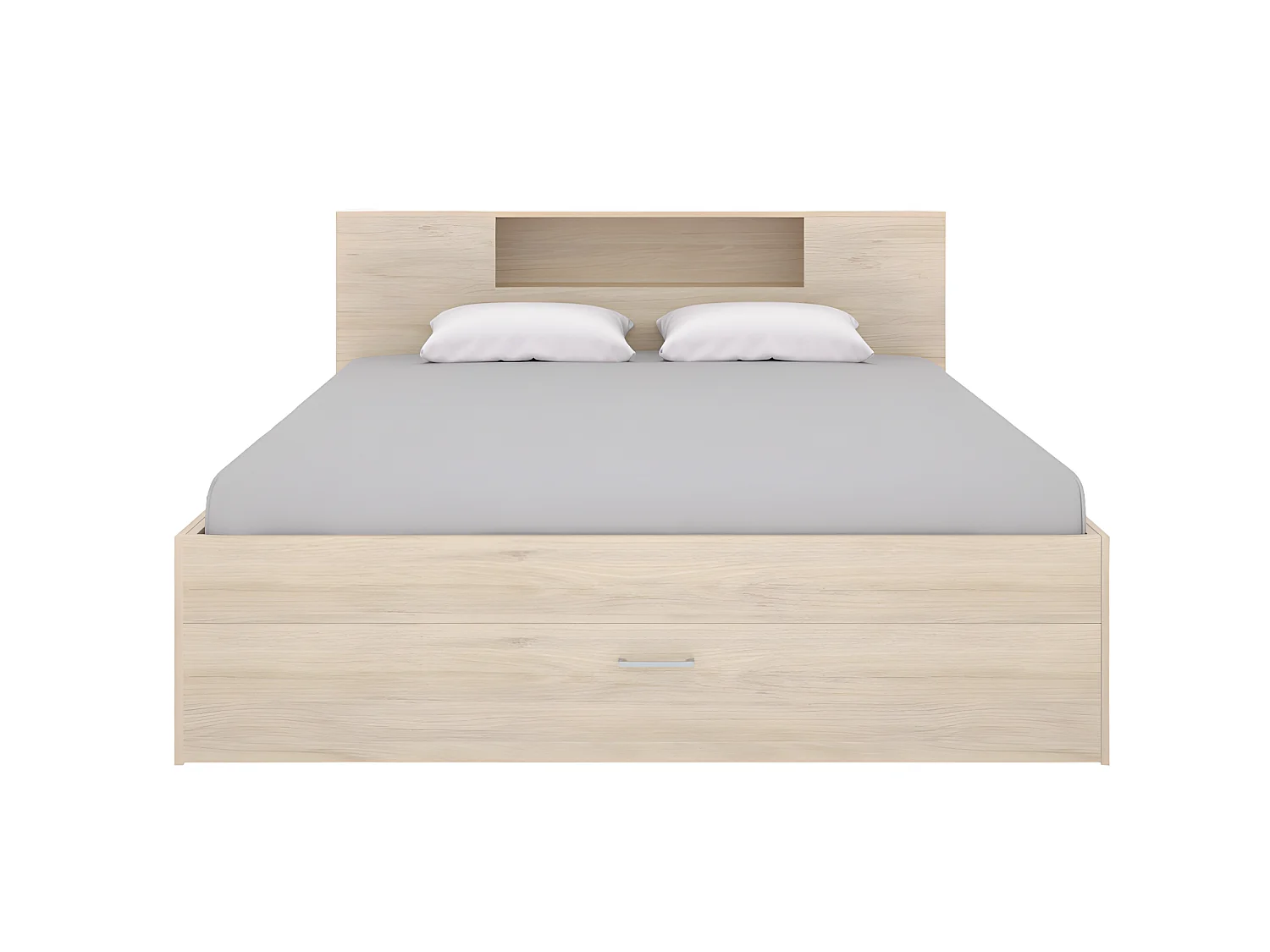 Letto con testata con vani portaoggetti e cassetti 140 x 190 cm Naturale e Bianco + Comodini - LEANDRE