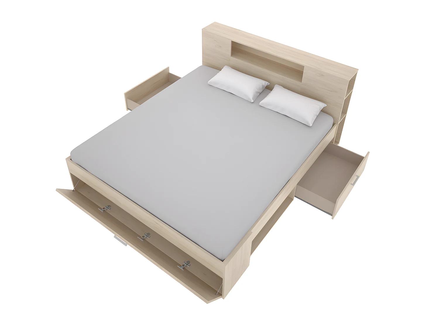 Letto con testata con vani portaoggetti e cassetti 140 x 190 cm Naturale e Bianco + Comodini - LEANDRE
