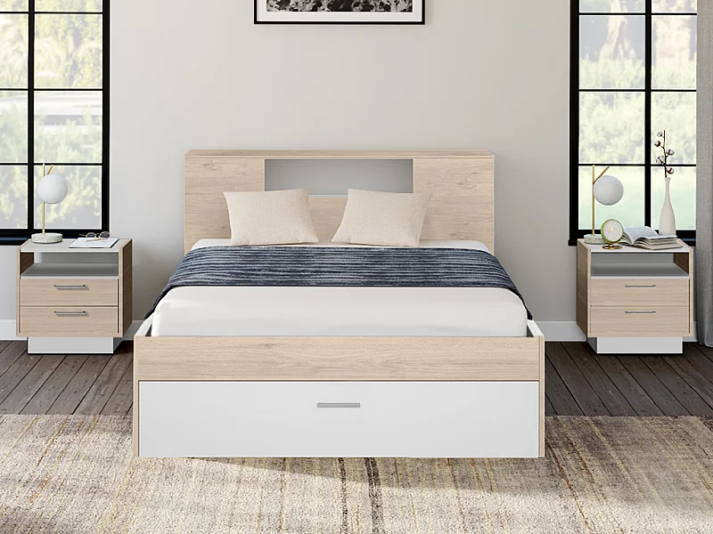 Letto con testata con vani portaoggetti e cassetti 160 x 200 cm Naturale e Bianco + Comodini - LEANDRE