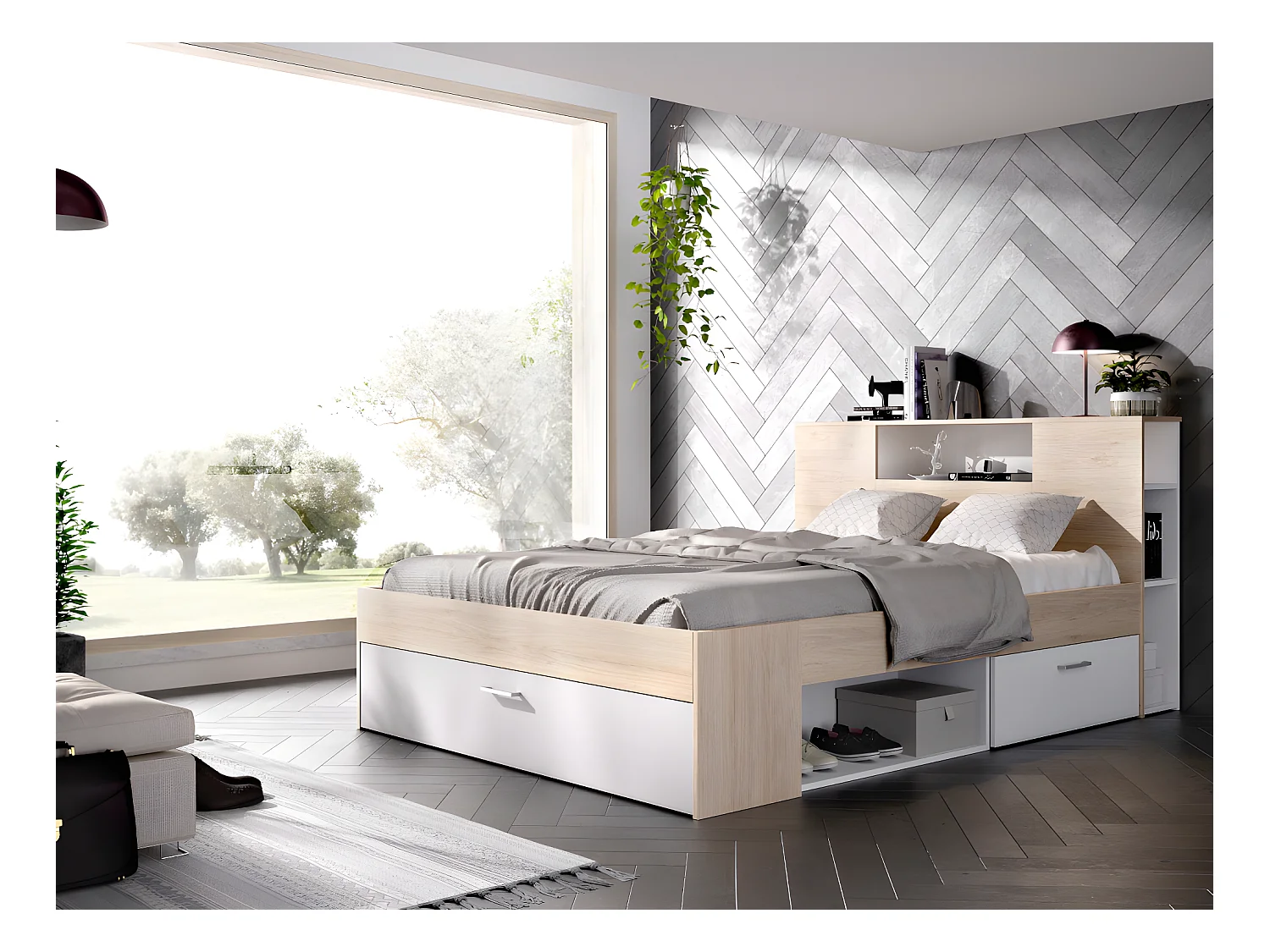 Cama con cabecero con compartimentos y cajones - 160 x 200 - Color: natural y blanco + Mesas de noche - LEANDRE