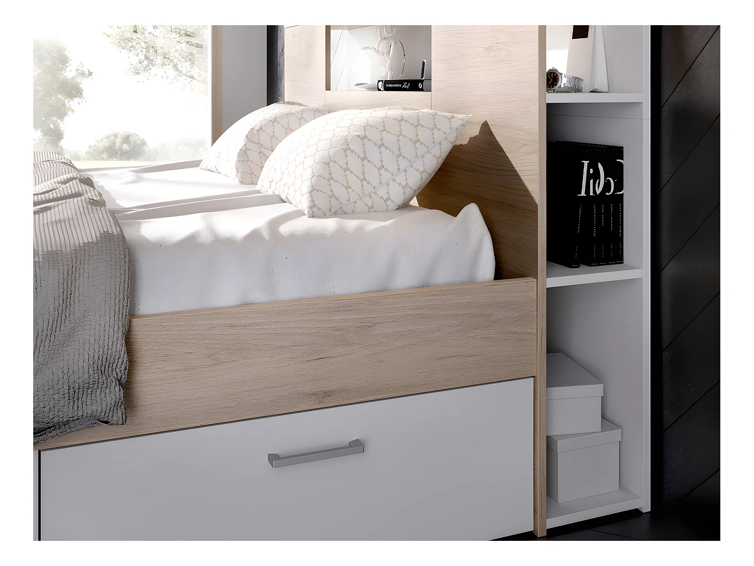 Cama con cabecero con compartimentos y cajones - 160 x 200 - Color: natural y blanco + Mesas de noche - LEANDRE