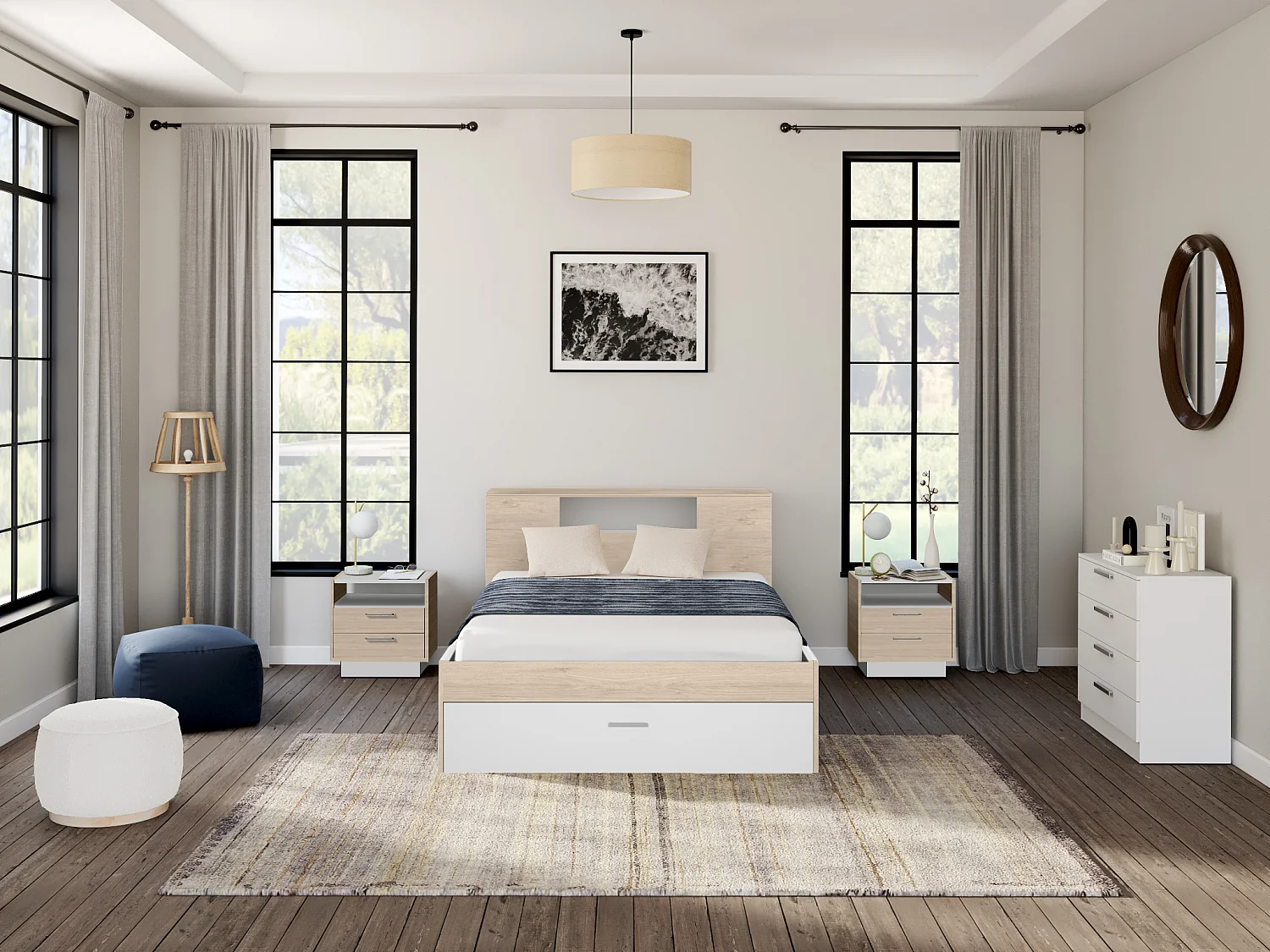 Lit avec tête de lit rangements et tiroirs - 160 x 200 cm - Coloris : Naturel et blanc + Chevets - LEANDRE